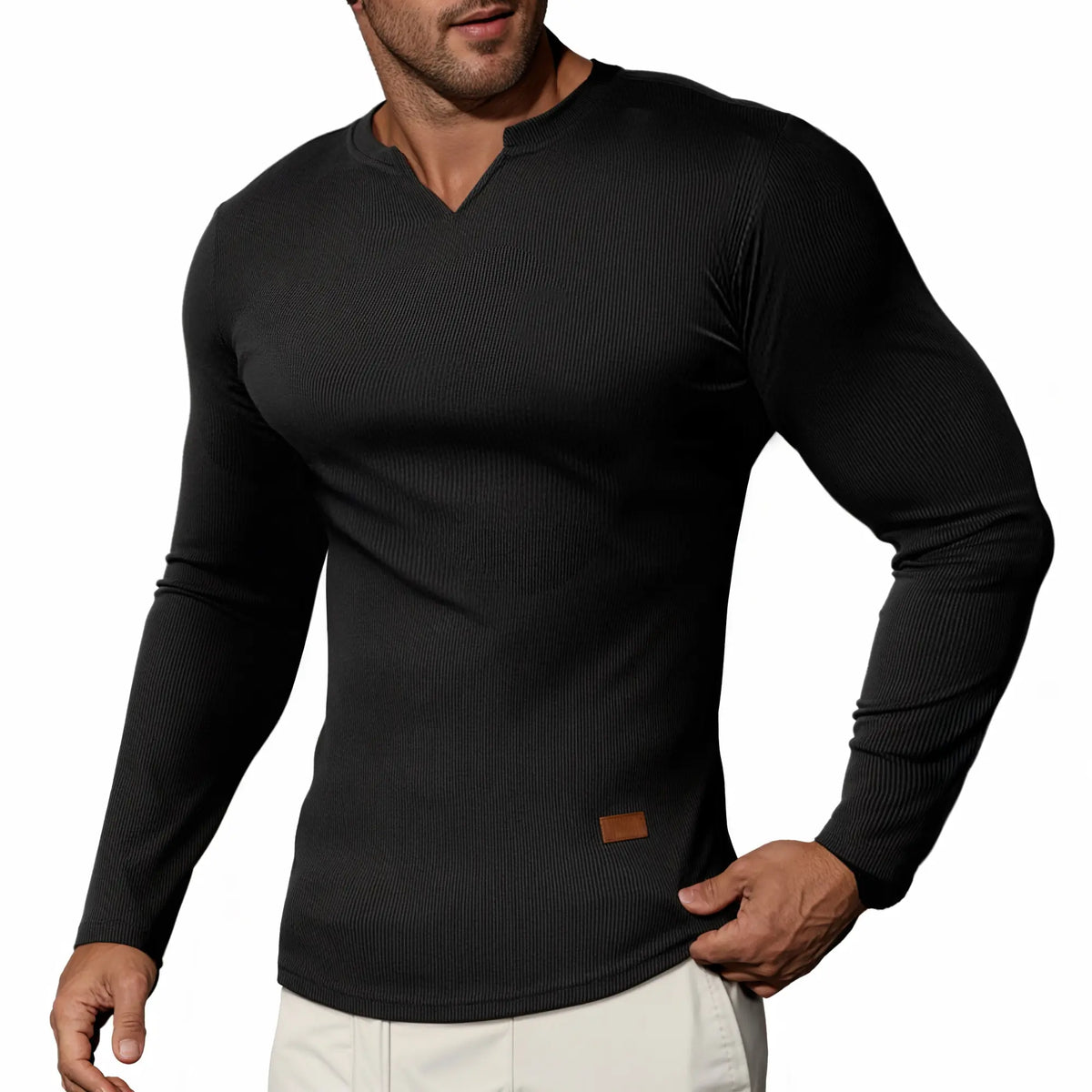 Men's Slim V-Neck Muscle Long Sleeve Tee