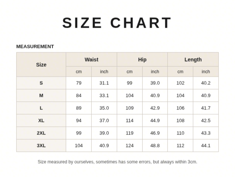 Men's pants size chart showing waist, hip, and length measurements from S to 3XL