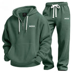 Textured Quarter-Zip Hooded Tracksuit Set