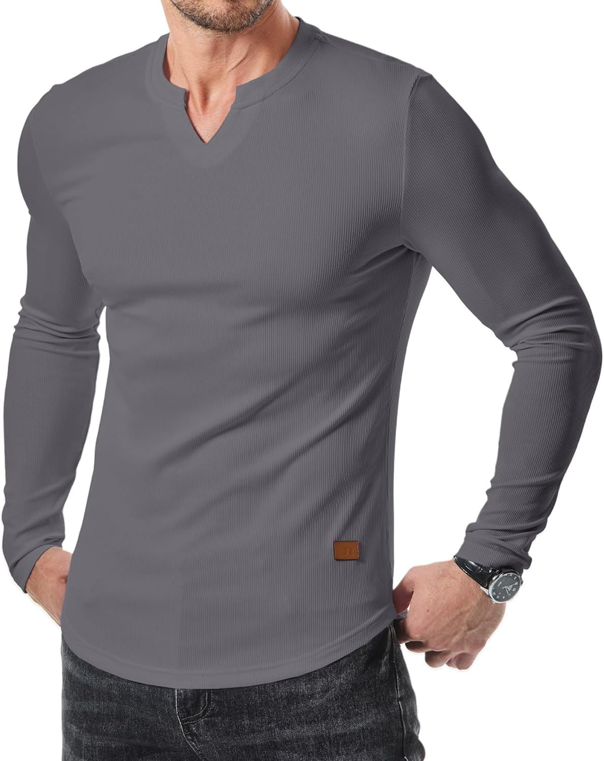 Men's Slim V-Neck Muscle Long Sleeve Tee