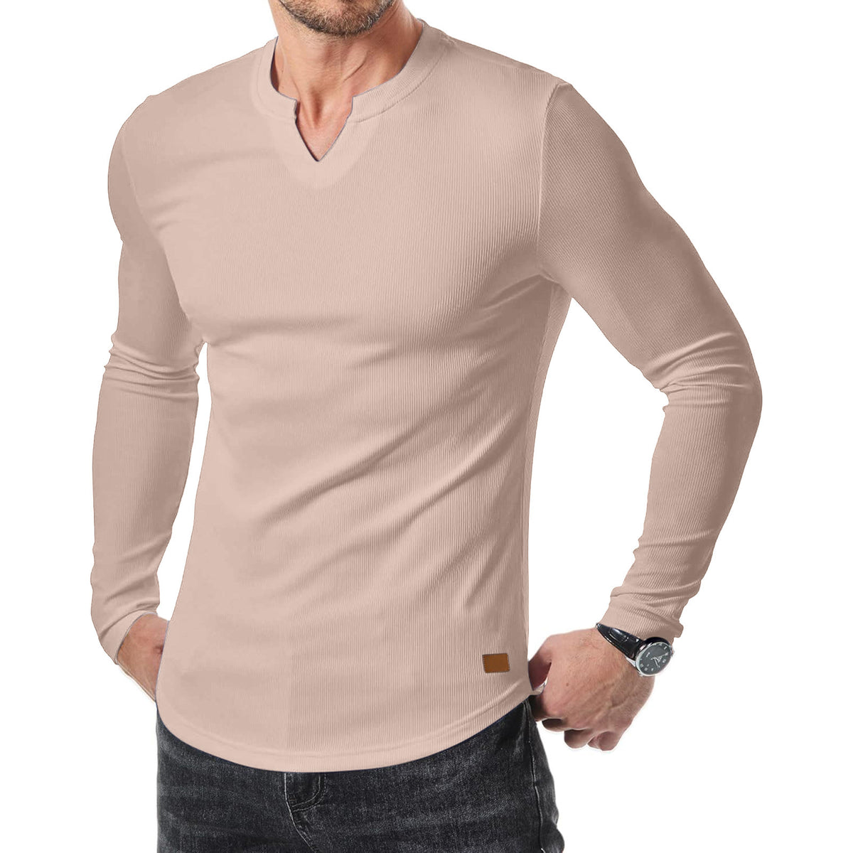 Men's Slim V-Neck Muscle Long Sleeve Tee