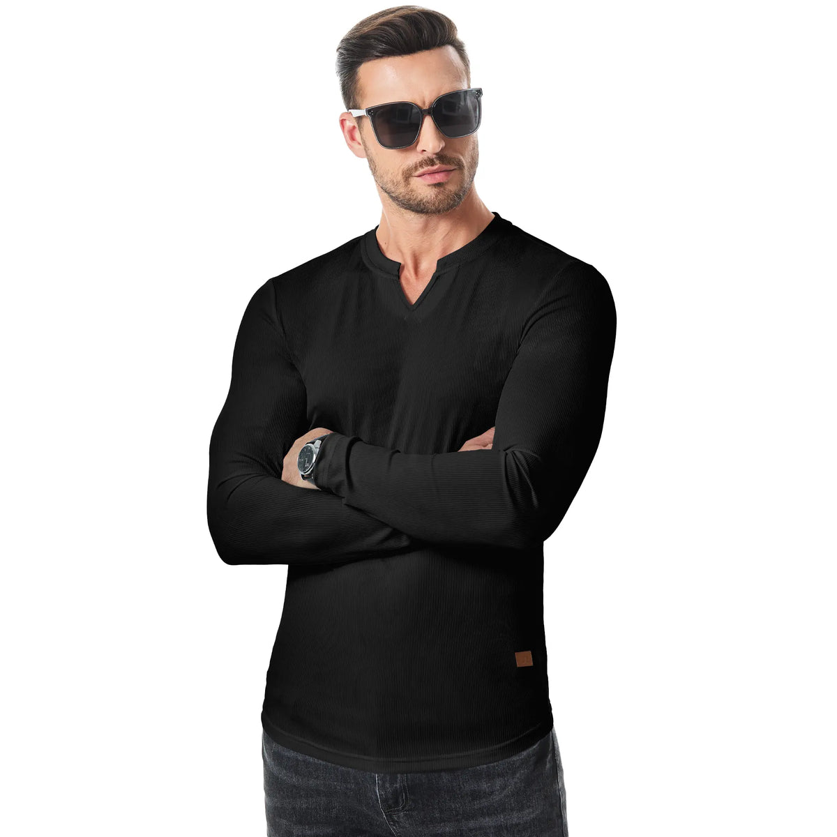 Men's Slim V-Neck Muscle Long Sleeve Tee