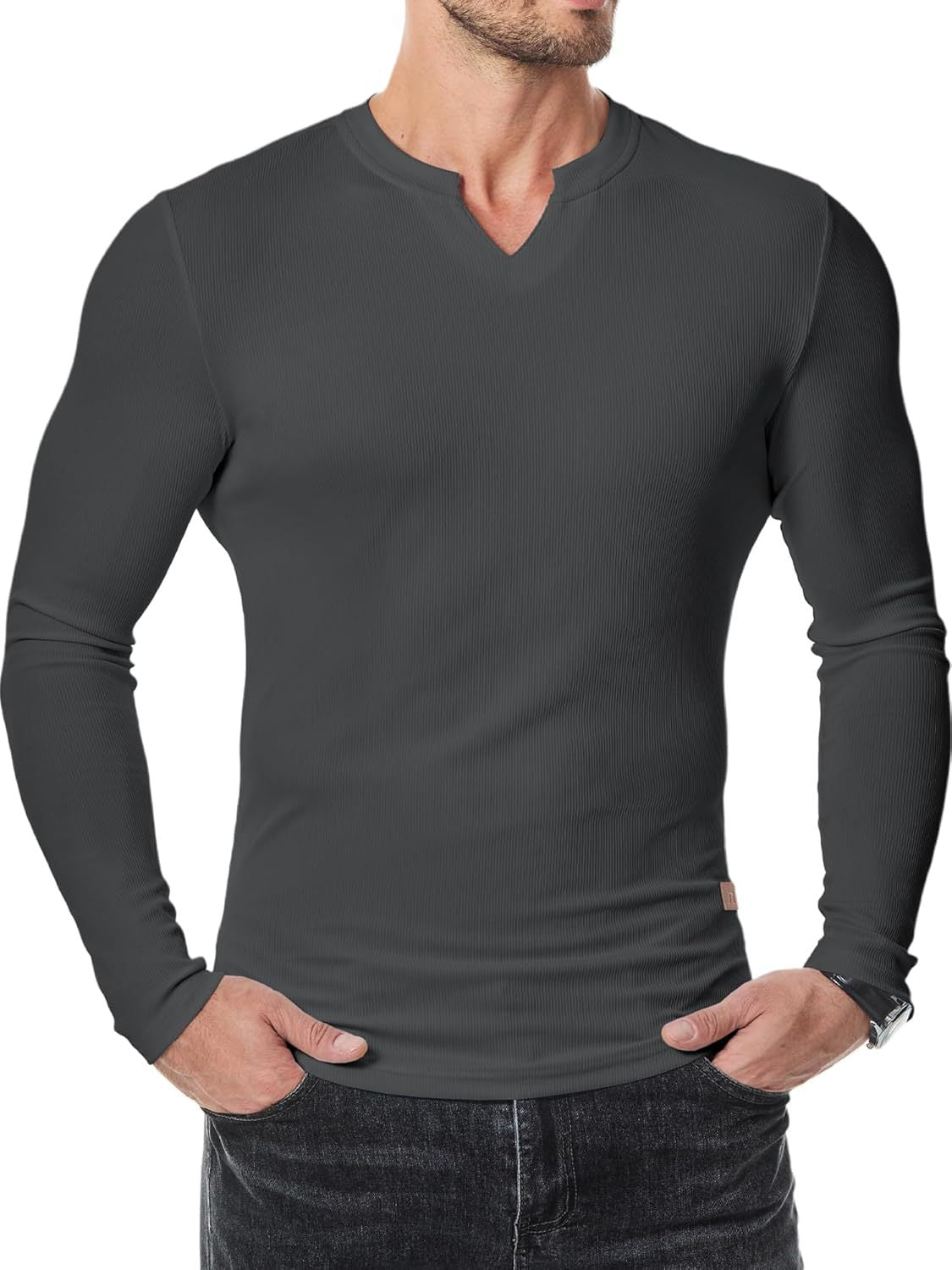 Men's Slim V-Neck Muscle Long Sleeve Tee